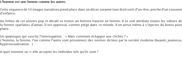 L'homme est une femme comme les autres Cette séquence de 10 images narratives prend place dans un décor suranné tout droit sorti d’un rêve, proche d’un souvenir d’enfance. Au milieu de cet univers pop et décalé se trouve un homme travesti en femme. Il se voit attribuer toutes les valeurs de la femme «parfaite» d’antan. Il est oppressé, comme piégé dans ce monde. Il en arrive même à s’injecter du botox pour plaire. Un quiproquo qui suscite l’interrogation. : « Mais comment échapper aux clichés ? »
L’homme, la femme, l’un comme l’autre sont prisonniers des normes dictées par la société moderne (beauté, jeunesse, hypersexualisation…) A quel moment va-t-elle accepter les individus tels qu’ils sont ? 